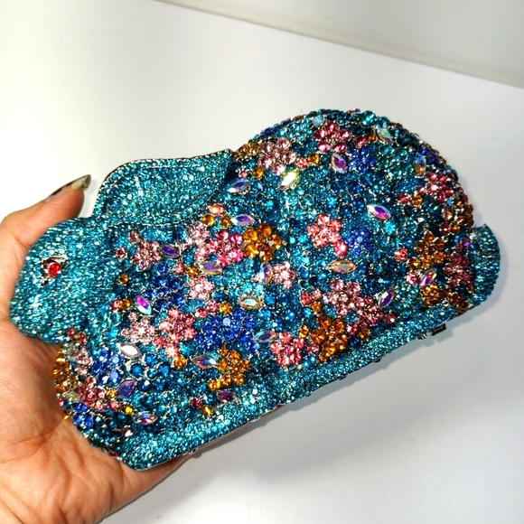 New In Box Blue Colorful Crystals Floral Rabbit Evening Clutch Purse - Picture 9 of 17